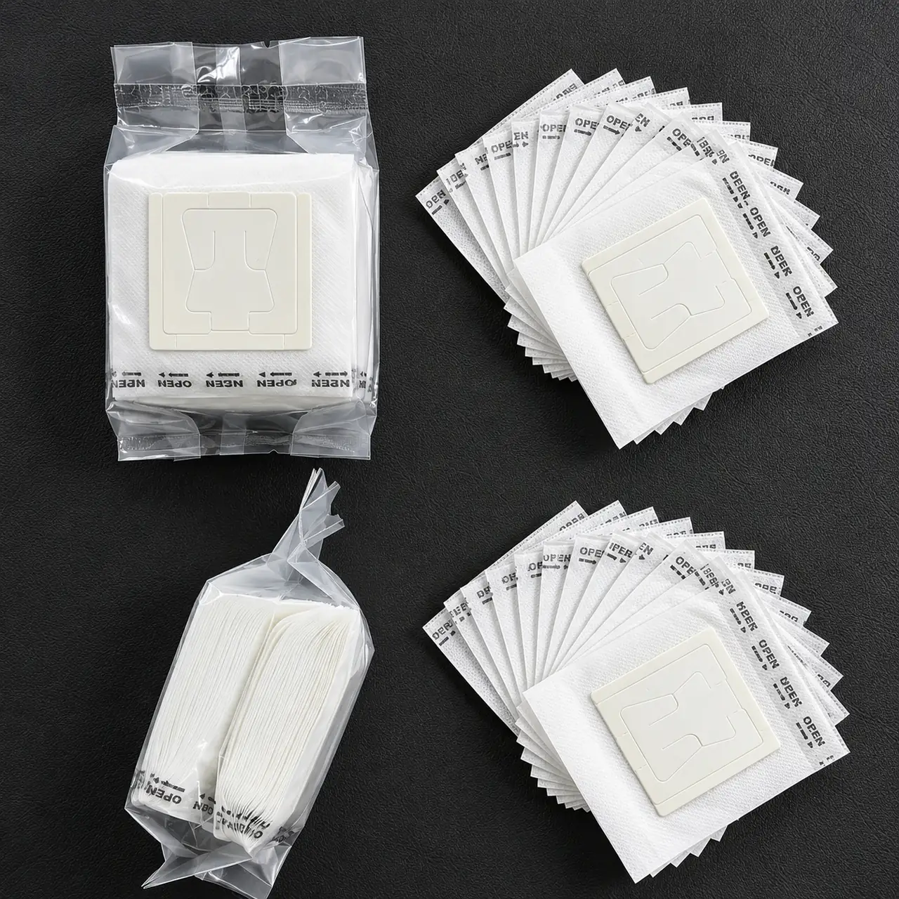 White drip coffee filter bags loose and in clear packaging.